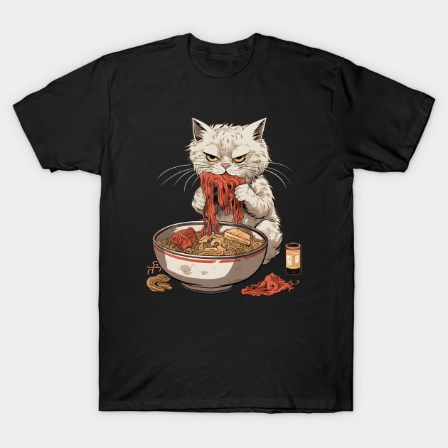 Grumpy ramen cat, foodie gift, ramen lover, cat lover T-Shirt by One Eyed Cat Design